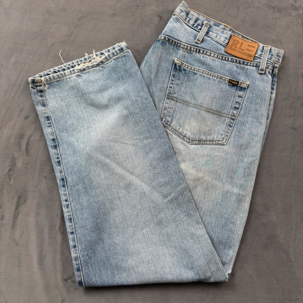 Polo Jeans Co Ralph Lauren Mens 42x32 Light Wash Distressed Straight Denim Blue